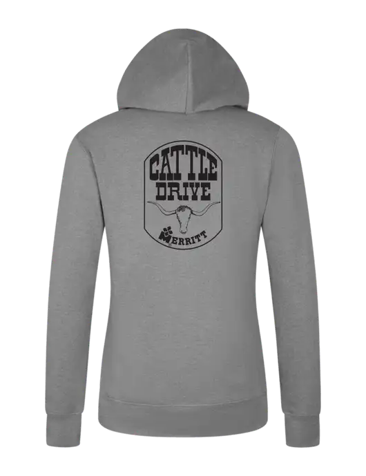 Womens Light Grey Heather Core Fleece Pullover Hooded Sweatshirt w/Cattle Drive Logo, Merritt Trailers Logo