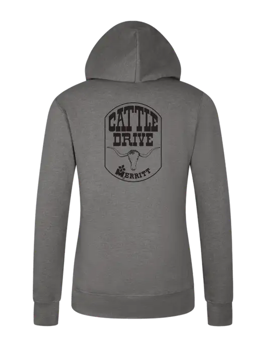 Womens Medium Grey Heather Core Fleece Pullover Hooded Sweatshirt w/Cattle Drive Logo, Merritt Trailers Logo