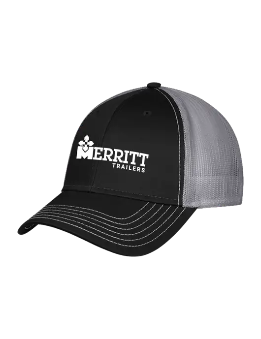 Black/Medium Dark Grey Mesh Trucker Cap Snap Back w/Merritt Trailers Logo