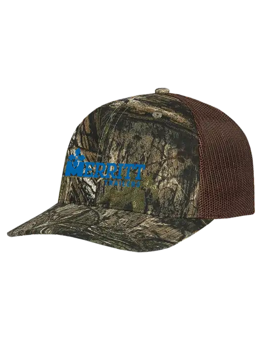 Mossy Oak Country DNA Camo/Brown Mesh Trucker Cap Snap Back w/Merritt Trailers Logo