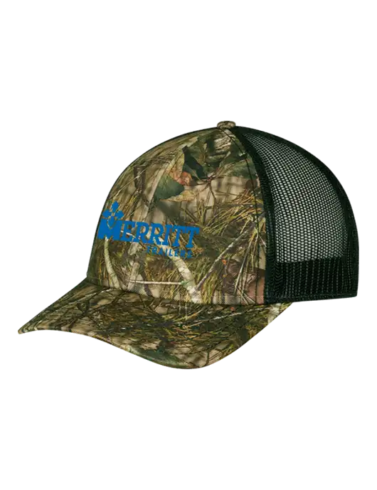 Mossy Oak Break Up Country/Black Mesh Trucker Cap w/Snap Back  w/Merritt Trailers Logo