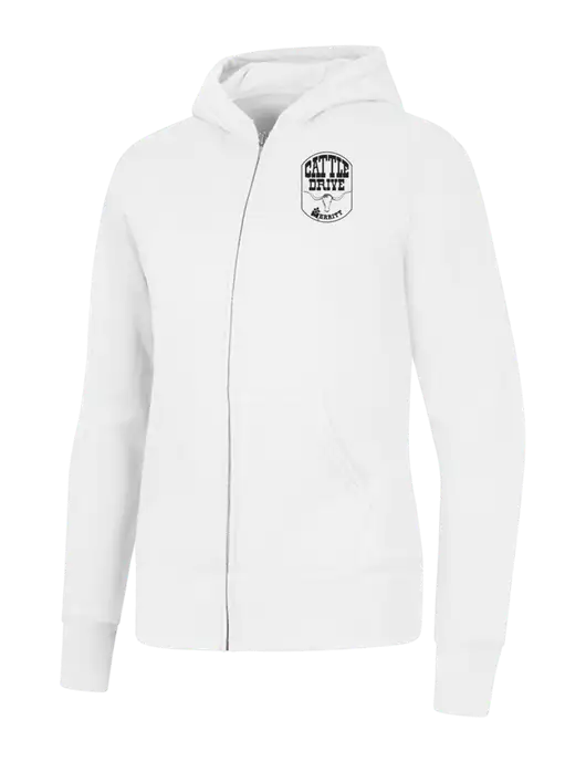 White Womens Core Fleece Full-Zip Hooded Sweatshirt w/Cattle Drive Logo